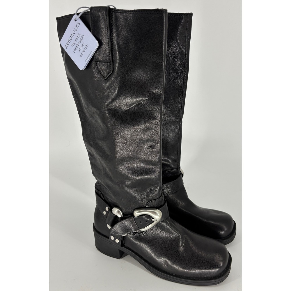 New Aerosoles Marley Engineer Boot Black Women Size 9 Leather Harness Square Toe